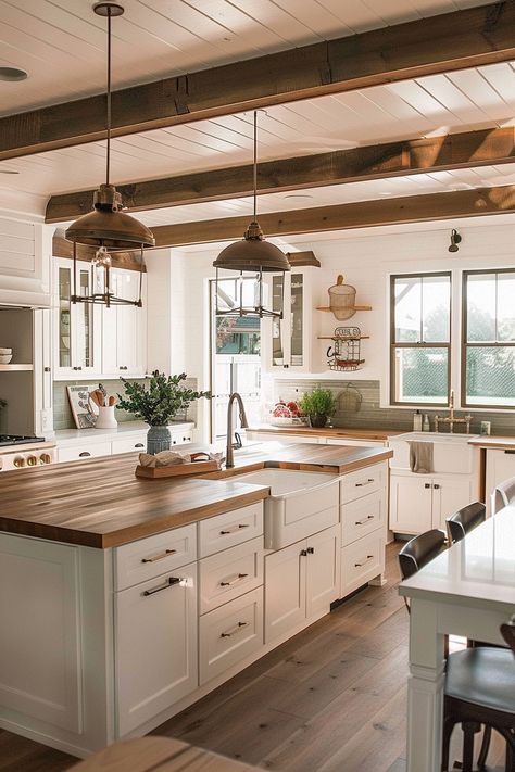 White And Rustic Kitchen, Timeless Farmhouse Kitchen, White Cabinet Kitchen Ideas, Old White Kitchen, Farmhouse Kitchen With White Cabinets, White Rustic Kitchen, Jade Kitchen, Whitewash Kitchen Cabinets, Classic Timeless Kitchen