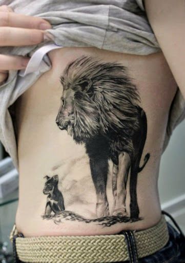 Lion Tattoos Lion Tattoo Ribs, Side Tattoos For Men Ribs, Side Tattoos For Men, Lion And Lioness Tattoo, Tattoo Ribs, Cubs Tattoo, Lioness Tattoo, Lion Tattoos, Lion Tattoo Design