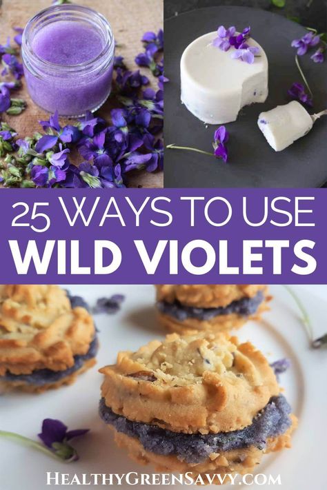 Wondering what to do with all those beautiful wild violets in your yard? Check out these 25 creative wild violet recipes and put these lovely plants to use. Don't worry if the flowers are long gone: Violet leaves can be used in loads of wild violet recipes as well. | edible wild plants | recipes with wild violets | foraging | Violet Recipes, Medicinal Herbs Remedies, Wild Violets, Edible Flowers Recipes, Wild Food Foraging, Preserving Herbs, Foraging Recipes, Violet Leaves, Homemade Soda