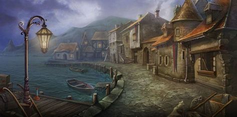 Discord Game, Fishing Town, Fishing Dock, Red Lake, Castle Aesthetic, Down The River, Lake Fishing, Fantasy Concept Art, Aesthetic Backgrounds