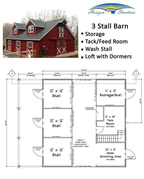 34x36 Modular Horse Barn starting at about $50k.  Fully customizable.  Request an exact quote through our website: Barn Layout, Barn Stalls, Horse Barn Designs, Dream Horse Barns, Horse Barn Plans, Barn Storage, Small Barn, Barn Plans, Dream Barn