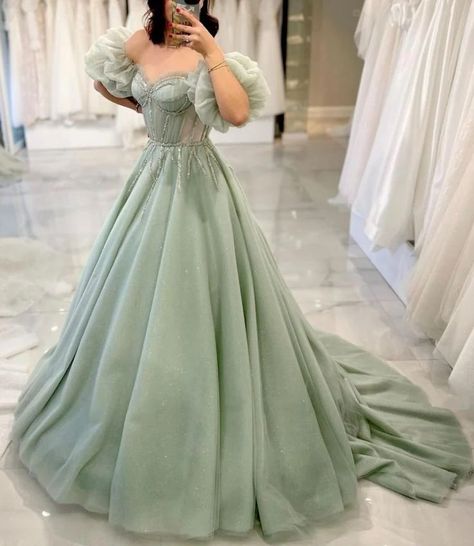 Green Puffy Prom Dress, Prom Dress Puffy Sleeves, Sage Green Ball Gown, Green Tulle Prom Dress, Ball Gown With Corset, Prom Dresses Puffy, Prom Dress Puffy, Shifting Hogwarts, Poofy Prom Dresses