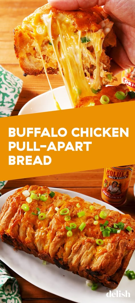 You'll regret not making this Buffalo Chicken Pull-Apart Bread. Get the recipe at Delish.com. #recipe #easy #easyrecipes #delish #bread #buffalo #chicken #baking #cheese #apps #appetizer #spicy #superbowl #football #game #day #cholula Cheese Bread Pull Apart, Chicken Pull Apart Bread, Bread Pull Apart, Pull Apart Cheese Bread, Cholula Hot Sauce, Buffalo Chicken Dip Easy, Bread Pull Apart Recipes, Chicken Dip Recipe, Buffalo Chicken Dip Recipe