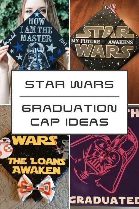 Graduation Cap Star Wars, Star Wars Graduation Cap Ideas, Disney Graduation Cap Ideas College, Graduation Cap Designs Star Wars, Star Wars Graduation Cap, Star Wars Graduation, Disney Grad Caps, Diy Grad Cap, Disney Graduation Cap