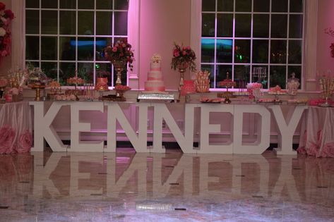 Kennedy “super sweet sixteen” room decor pretty in pink name table Dessert table chair covers sequin over the top pink decor pink ombre wedding birthday parties Sweet 16 Name Display, Light Pink Sweet 16 Cake, Pretty In Pink Birthday Party Sweet 16, Pink And White Sweet 16 Ideas, Sweet 16 Party Ideas Pink, Sweet 16 Pink Theme, Pink Sweet 16 Decorations, Sweet Sixteen Themes, Quince Centerpieces