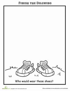 Who Would Wear These Shoes? (*I will have my kids draw- "Who would NOT wear these shoes?" just for fun!) Finish The Drawing, Drawing Pages, Art Sub Plans, Art Handouts, Art Worksheets, Homeschool Art, Classroom Fun, School Counseling, Help Kids