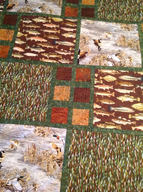 Hunting and fishing quilt!!! Fishing Quilt, Hunting Quilt Patterns, Hunting Quilt, Camo Quilts Ideas, Fishing Quilt Patterns Ideas, Hunting And Fishing Quilts, Fishing Themed Quilt Patterns, Block Quilting Designs, Pig Hunting