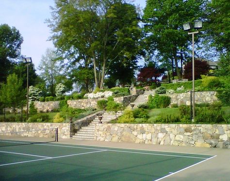 Tennis Court Backyard, Tennis Court Design, Corner Building, Private Tennis Court, Terraced Garden, Sports Court, Pickleball Court, Sport Court, Pickle Ball