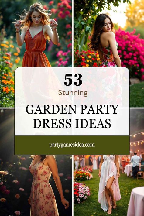 Discover the perfect garden party dress ideas to make a statement at your next outdoor event. From flowy floral dresses to chic midi styles, find the ideal outfit for any garden party. Whether you prefer pastel tones, bold prints, or classic neutrals, these dress options are stylish and comfortable for a day in the sun. Accessorize with simple jewelry, a cute hat, or stylish sandals to complete your look. Perfect for daytime events or an evening garden celebration! Secret Garden Outfit Ideas, Garden Theme Outfit, Casual Garden Party Outfit, Garden Party Dress Code, Garden Party Outfit Dresses, Garden Celebration, Games Ideas For Adults, Elegant Cocktail Dresses, Dress Outfits Ideas