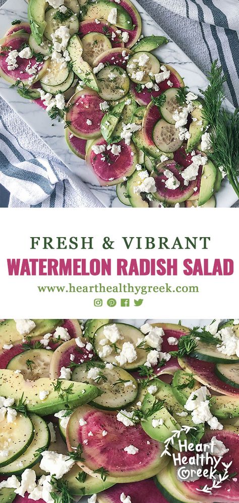 Watermelon Radish Salad Watermelon Radishes Recipe, Watermelon Radish Recipe, Watermelon Radish Salad, Radish Salad Recipe, Healthy Greek Recipes, Side Salads, Flexitarian Diet, Watermelon Radish, Radish Recipes