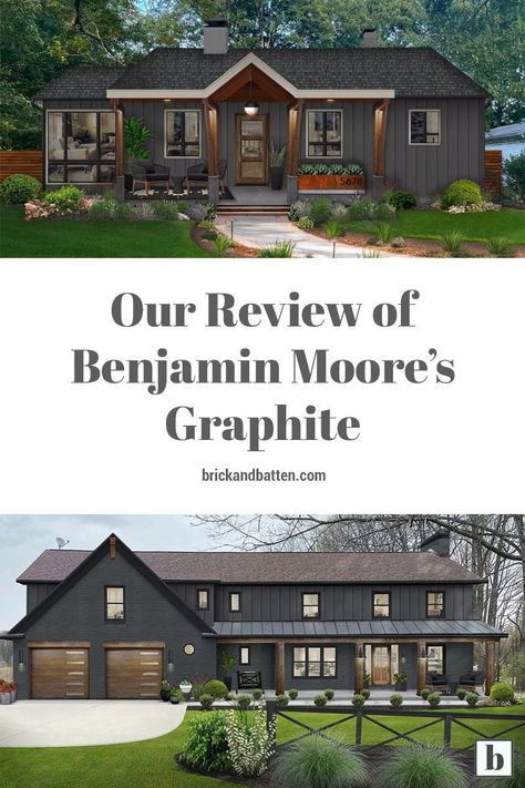 Benjamin Moore Graphite Paint, Graphite Exterior Paint, Black House Roof Colors, Dark Exterior Paint Colors For House Colour Palettes, Dark Grey Brick House Exterior Ranch, Dark Color Schemes For The Home Exterior, Benjamin Moore Graphite Exterior Paint, Charcoal Gray Exterior House, Graphite Paint Color Benjamin Moore