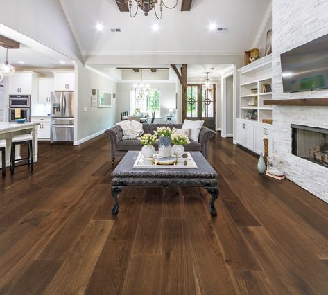 Dark Hardwood Floors Living Room, Home Flooring, Stair Nosing, Tile Trim, Wide Plank, House Flooring, Engineered Hardwood, Oak Finish, Rustic Dining Table