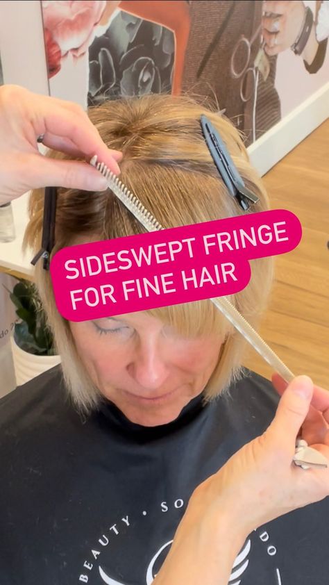 Sonna Jean Brado | What do you do if your client has fine hair and wants a full fringe? PIVOT!😂👍(I couldn’t resist) But seriously, pivoting your sections… | Instagram How To Style Fine Straight Hair, Hairstyles For Big Foreheads Women, Hair Styles For Big Foreheads, Shakira She Wolf, Hair For Big Foreheads, Cut Bangs Tutorial, How To Cut Fringe, Fringe Bob Haircut, Choppy Fringe