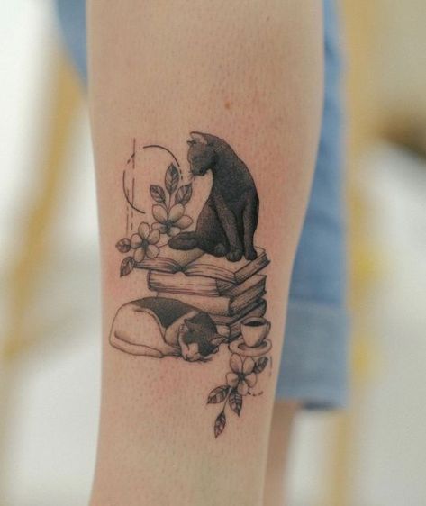 Cat Tattoos on Instagram: "Kitty tattoo by @itsthemoe_ #cattattoo #cattattoos #kittytattoos" Reading Tattoo, Book Lover Tattoo, Tea Tattoo, Kitty Tattoos, See Tattoo, Kitty Tattoo, Cute Cat Tattoo, Bookish Tattoos, Black Cat Tattoos