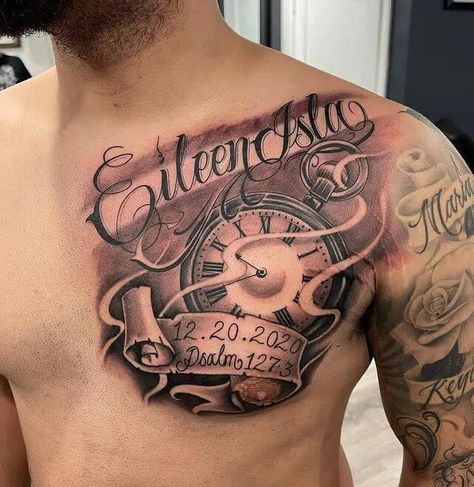 Meaningful Name Tattoo Ideas for Men: Honoring Mothers, Sons, Spouses, and Family Men’s Word Chest Tattoo, Family Chest Tattoos For Men, Men Tattoo Ideas Chest, Half Chest Tattoo Men Ideas Unique, Chest Tattoo Text, Men Chest Tattoo Ideas, Half Chest Tattoo Men Ideas, Jesse Tattoo, Men Chest Tattoo