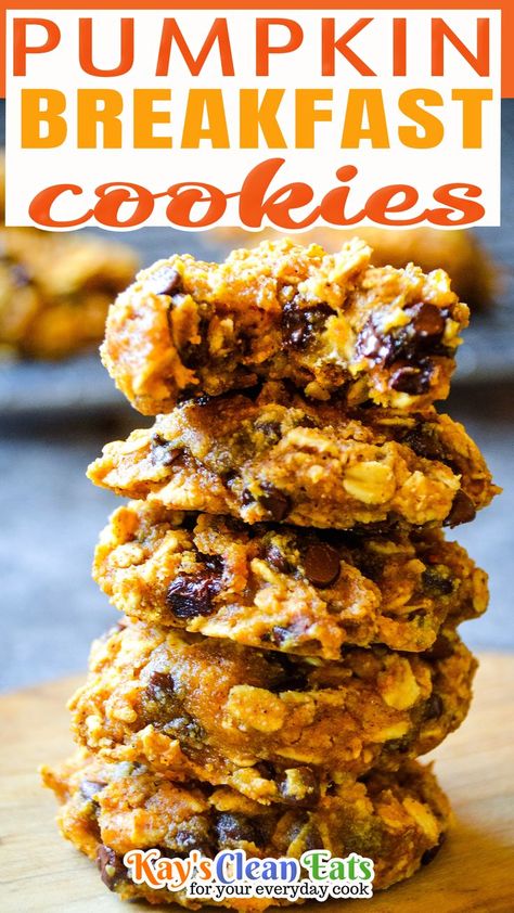 Rise and Shine with these healthy and delicious Pumpkin Breakfast Cookies. Made with the wholesome ingredients you need to jump-start your day! A perfect grab and go breakfast that is gluten-free, dairy-free, and refined sugar-free. Cookies for breakfast how can anyone turn that down! I think my kids may have been the most excites, ha! So you may be wondering why fall flavors in January… well obviously cause pumpkin can never really go out of season! | @kayscleaneats Chocolate Chip Breakfast Cookies, Chocolate Chip Breakfast, Breakfast Cookies Gluten Free, Pumpkin Breakfast Cookies, Pumpkin Breakfast, Cookies Gluten Free, Pumpkin Chocolate Chip, Fall Breakfast, Cookies Easy