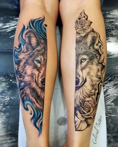 Couple Wolf Tattoo Ideas, Couples Animal Tattoos, Wolf Matching Tattoos, Couple Wolf Tattoo, Wolf Couple Tattoo, Couples Wolf Tattoos, Tattoos For Women Traditional, Wolf Tattoo For Women, Traditional Wolf Tattoo