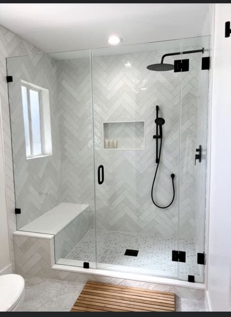 Small Walk In Showers, Bathroom Tile Design Ideas, Yellow Kitchen Cabinets, Best Bathroom Paint Colors, Bathroom Lighting Ideas, Tile Design Ideas, Grey Accent Wall, Master Bath Shower, Farmhouse Shower