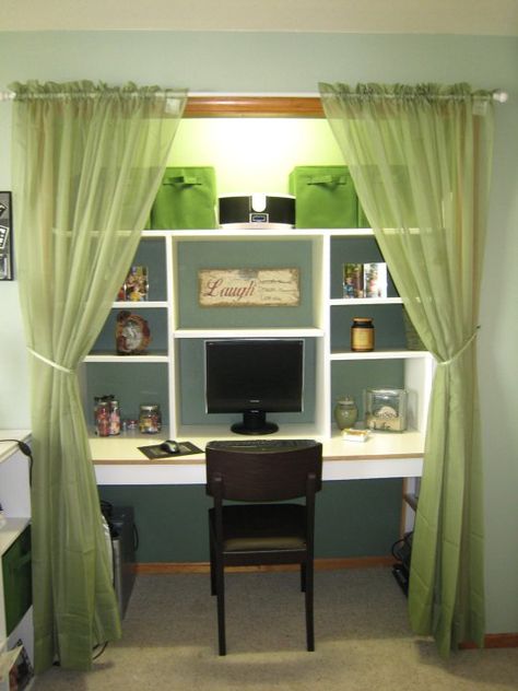 Computer Desk Nook, Desk Inside Closet With Clothes, Computer Closet, Turn Armoir Into Desk, Desk Closet Ideas, Deep Closet Craft Desk, Convert Closet To Desk Space, Inside Closet Kids Desk, Desk In Closet