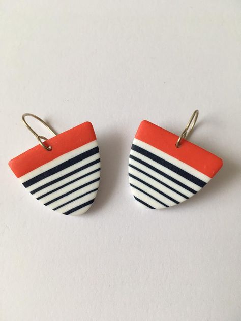 Half Oval Breton Stripes Polymer Clay Earrings in Red and Navy | Etsy Diy Earrings Polymer Clay, Vintage Drop Earrings, Breton Stripes, Striped Earrings, Polymer Clay Jewelry Diy, Clay Jewelry Diy, Long Drop Earrings, Fimo Clay, Paper Jewelry