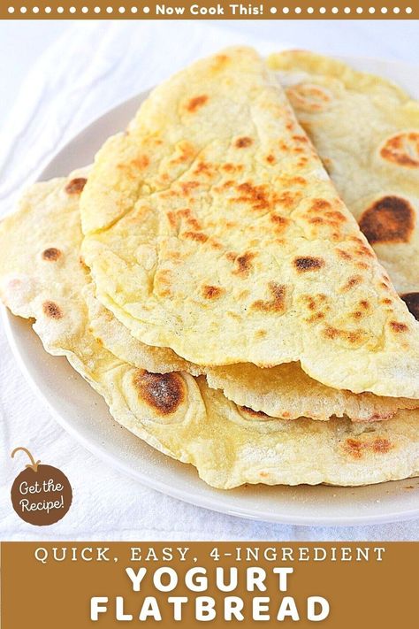 This easy homemade yogurt flatbread is made with just 4 ingredients (flour, baking powder, salt, and plain Greek yogurt) and is ready in just 20 quick minutes. It's soft, slightly chewy, and goes with just about anything (curry, soup, stew, dip and more). You can even use it to make wraps or pizzas! Get the recipe and give it a try! Greek Yogurt Wraps, Plain Greek Yogurt Recipes Dinners, Recipes Using Plain Yogurt, Yogurt Flatbreads With Flavored Butter, Flatbread Yogurt And Flour, 3 Ingredient Naan Bread With Yogurt, Greek Yogurt Flatbread, Quesadilla Ideas, Naan Sandwich