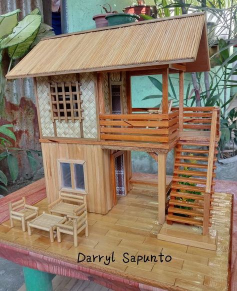 Bahay Kubo Miniature, Popsicle Sticks House, Popsicle Stick House, Stick House, Popsicle Stick Houses, Bahay Kubo, Bamboo Stick, Cardboard House, Popsicle Stick Crafts