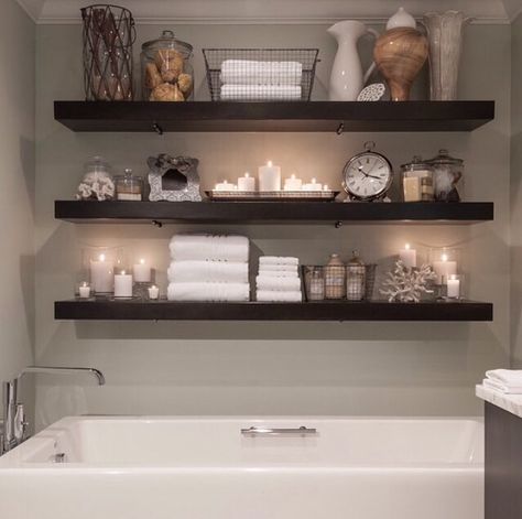 Bathroom Shelves Over Tub, Glass Shelves In Bathroom, Long Floating Shelves, Floating Shelves Bedroom, Floating Shelf Decor, Bathroom Shelf Decor, Floating Shelves Kitchen, White Floating Shelves, Bathtub Decor