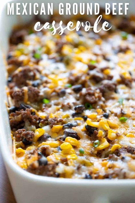 Mexican Ground Beef Casserole is an easy, family friendly meal. Loaded with hamburger meat, beans, corn, and lots of cheese, this casserole is the ultimate Mexican comfort food! Low Sodium Hamburger Meat Recipes, Cozy Casseroles, Mexican Ground Beef Casserole, Hamburger Meat Casseroles, Mexican Casseroles, Mexican Ground Beef, Meat And Potatoes Recipes, Mexican Comfort Food, Hotdish Recipes