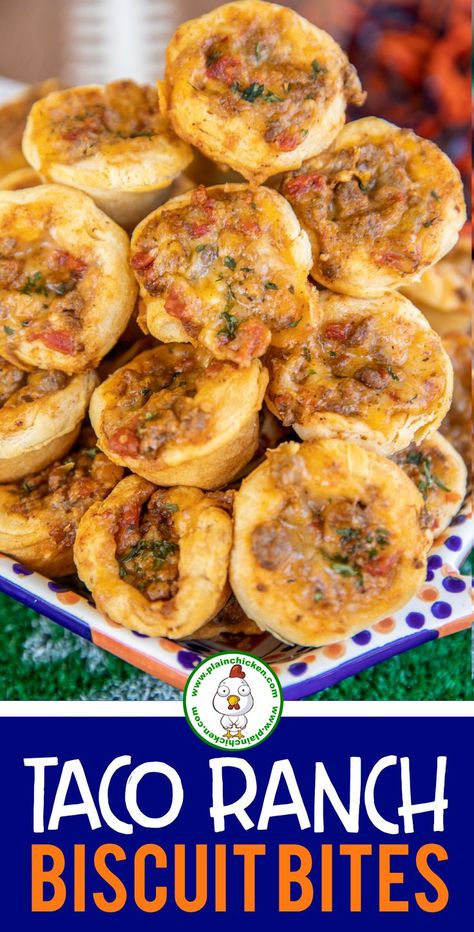 Taco Ranch Biscuit Bites - so GOOD! I'm totally addicted to these things! Ground beef, taco seasoning, Rotel tomatoes, ranch dressing, and cheddar cheese baked in refrigerated biscuits. Can make the taco meat mixture ahead of time and refrigerate until ready to bake. Great for tailgating, lunch, dinner, and parties! Everyone loves this recipe! #mexican #appetizer #superbowl #gameday #tailgating #beef Ranch Biscuits, Mexican Appetizer, Beef Taco Seasoning, Biscuit Bites, Ground Beef Taco Seasoning, Ground Beef Taco, Mexican Appetizers, Recipe Mexican, Beef Taco