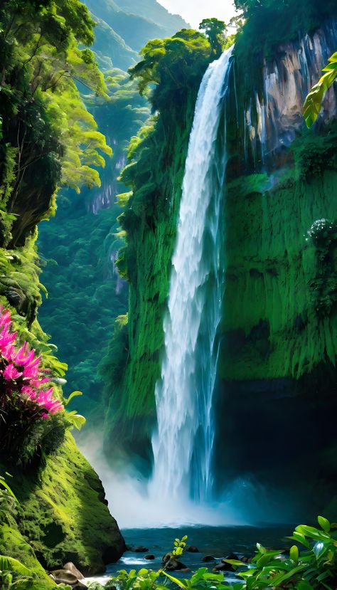 The lush jungle is home to a sparkling waterfall, creating a mesmerizing sight for all who visit. The sound of water cascading down rocks, surrounded by vibrant greenery, adds to the beauty of the scene. The sight of the waterfall in the midst of the jungle is truly a sight to behold. 숲 사진, Lush Jungle, Natural Wallpaper, Waterfall Pictures, Pic Art, Nature Scenery, Beautiful Background, Landscape Photography Nature, Pretty Landscapes