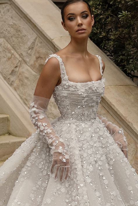 Silver Beaded Wedding Dress, Wedding Dresses With Neck Collar, Wedding Dress With Sleeves Ball Gown, Silver White Wedding Dress, Wedding With Gloves, Haily Biber Wedding Dress, Vintage Classic Wedding Dress, Heavily Beaded Wedding Dress, Vintage Princess Wedding Dress