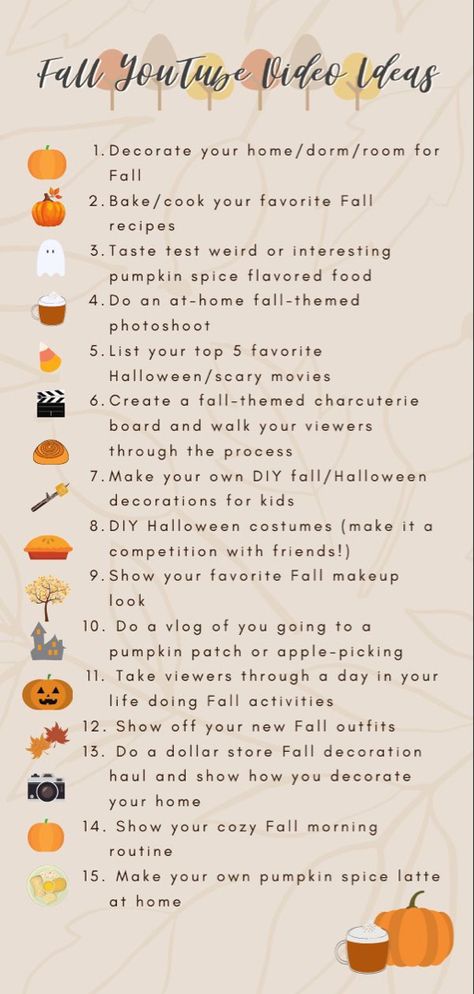 Fall Content Ideas For Youtube, How To Youtube Video Ideas, Youtube Video Ideas List Aesthetic, Halloween Youtube Video Ideas, Youtube Video Ideas 2022, Fall Video Ideas Youtube, Influencer Video Ideas, Things To Bake In Autumn, Good Youtube Video Ideas