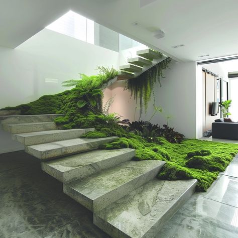 Welcome to your own indoor sanctuary: our moss terrace-inspired staircase. Lush moss adorns each step, bringing nature’s tranquility into your home with every ascent. Conceptual AI Art Follow @ecosapiens for more! Staircase Landscape, Moss Interior, Staircase Interior, Futuristic Home, Garden Architecture, Moss Wall, Concept Car Design, Diy Carpet, Vertical Garden