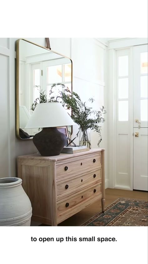 Entry Dresser Entryway, Dresser Hallway Entryway, Entry Table Dresser, Dresser In Hallway, Entry Way Dressers, Dresser As Entryway Table, Entryway Dresser Ideas Front Entry, Vintage Dresser Entryway, Wood Entry Table With Drawers