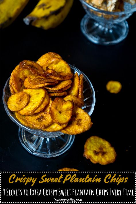 9 Secrets to Extra Crispy Sweet Plantain Chips Every Time | These are the ultimate 9 foolproof recipe tips for extra crispy, sweet, fried plantain chips. These easy tips work all the time so save your money, leave the store bought plantain chips and jump on these easy, homemade and totally healthy plantain snacks that are also excellent for whole 30, gluten-free, paleo and vegan diets! #fried #snacks #veganrecipes #veganfood #paleo #whole30 #whole30recipes #glutenfree via @yummymedley Chips Ideas, Sweet Fried Plantains, Sweet Fries, West African Food, Tropical Food, Plantain Chips, Plantains Fried, Nigerian Food, Crunchy Snack