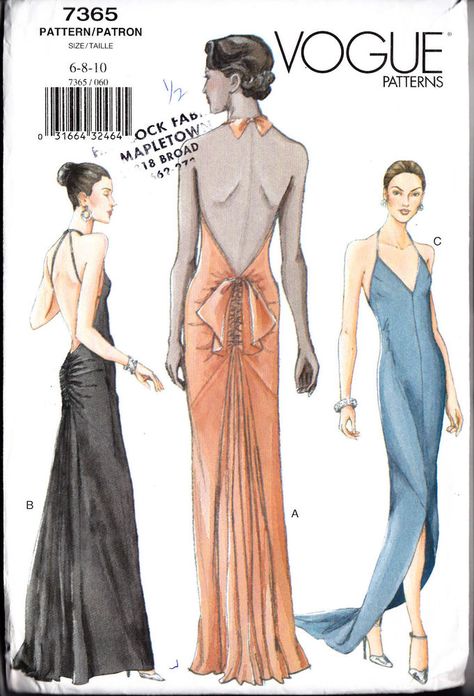 VOGUE Sew Pattern 7365 Evening Bias Gown Slip Dress   6-8-10 #VOGUE #SewingPattern Evening Dress Sewing Patterns, Bias Dress, Evening Dress Patterns, Carpet Pattern, Bias Cut Dress, Vogue Dress, Gown Pattern, Vintage Dress Patterns, Vogue Sewing