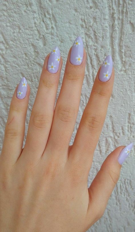 Simple Nails Pastel Colour, Simple Pastel Nails Acrylic, Spring Trendy Nails Purple, Lavender Nail Aesthetic, Lavender Nails With Butterflies Almond, Cute Lavender Nails Coffin, Pastel Blue Nails With Flowers, Retro Pastel Nails, Lavender Daisy Nails