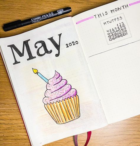 Birthday month! 🥳🎉🎉 And so the theme for May is cupcakes! Quite proud of the lettering even tho it took me about an hour! #bujo #bulletjournal #bujo2020 #maytheme #cupcake #cupcaketheme #maybujo #bujotheme #monthlyspread Bujo Birthday Month, Birthday Bujo Page, Birthday Month Bujo Theme, Birthday Month Journal Ideas, Birthday Month Bullet Journal, Bujo Birthday Spread, Cupcake Journal, Birthday Bujo, Boju Ideas