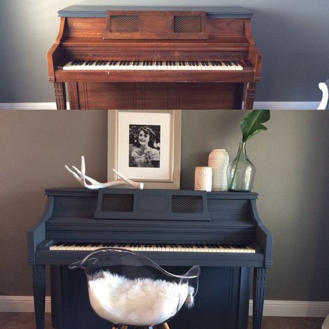 DIY painted piano! Used Valspar chalk paint in Opera Gown. No sanding! Just wiped it down! Took and hour and half! Instead of using tape to paint around the keys... I cut a piece of cardboard from a cereal box, pushed the keys down, inserted the card board in between keys and wood and it gave me a clean line while protecting the keys from paint! Then slid the cardboard down the piano and repeated steps until done! Easiest thing I have ever painted! I thought it would take super long and be hard! Refinish Piano, Valspar Chalk Paint, Opera Gown, Painted Piano, Card Boards, Piano Restoration, Painted Pianos, Piano Decor, Upright Piano