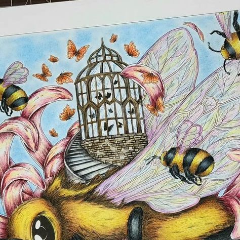 Laura on Instagram: "Bees are a favorite of mine to photograph so I enjoyed coloring this page from Mythographic Aviary by @pentasticarts I used glitter gel pens on the wings but the photo does not pick it up 😔 #coloringtherapy #coloringaddict #coloringforadults #adultcoloringbooks #ilovecoloring #worldofcolorists #colormanic #coloringaddiction #bestcoloringpages #swiatcolorowanek #friendswhocolour #worldofcolorings #mythographiccoloringbook #josephcatimbang #mythographicaviary #mythographicaviarycoloeingbook #prismacoloredpencils #prisma" Mythographic Aviary Coloring Book, Mythographic Aviary, Glitter Gel Pens, Colouring Inspiration, Coloring Ideas, Coloring Book Art, The Wings, Glitter Gel, Color Therapy