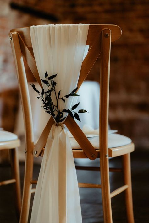 Adding some foliage to your chair dressing, creating more depth and colour to your wedding ✨ Wedding Ceremony Aisle Decor Indoor, Flowy Aesthetic, Wedding Ceremony Chairs, Old World Wedding, Wedding Chair Sashes, Wedding Isles, Ceremony Chairs, Wedding Chair Decorations, Wedding Aisle Decorations