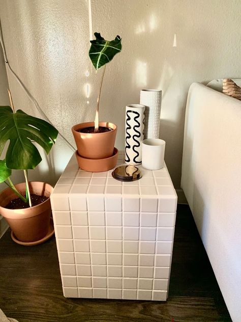 Tiled Cube, Pastel Interior Design, Cube Side Table, Tile Furniture, Tile Table, Salalah, Apartment Inspiration, Living Room Inspo, Room Inspiration Bedroom