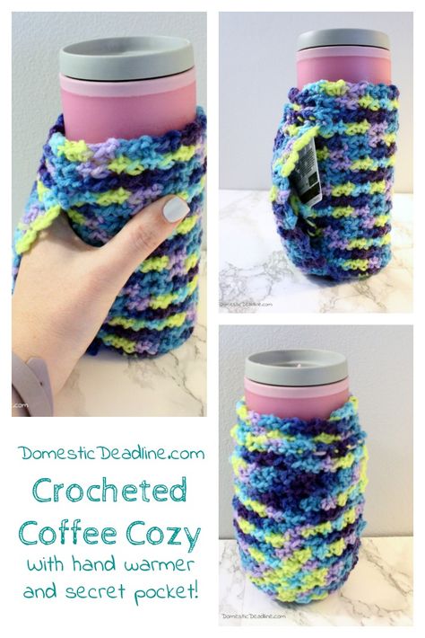 A crocheted coffee cozy to fit travel and disposable mugs. Keep your hands warm by tucking them inside the sleeve and hide a gift card or cash in the hidden pocket so you always have enough for a cup of coffee. Mindful Crochet, Crochet Cozies, Mug Cover, Crochet Travel, Crochet Mug, Coffee Cozies, Crochet Mug Cozy, Crochet Coffee Cozy, Crochet Handles