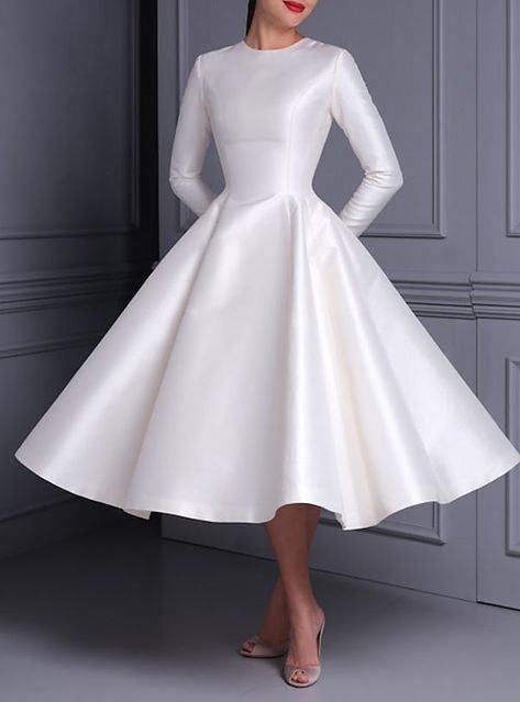 Midi Dress For Wedding, White Dress Bride, Modest Midi Dress, Midi Wedding Dress, Satin Bridal Gowns, Vintage Bridal Shower, Cheap Wedding Dresses Online, Tea Length Wedding, Dress For Wedding