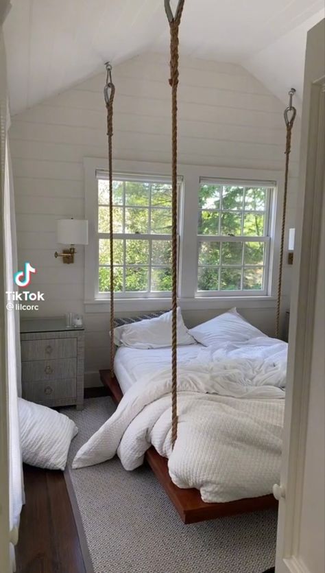 Bed Frame Hanging From Ceiling, Swinging Bed, Swing Bed, Hanging Toddler Beds, Bed That Hangs From Ropes, Hanging Bed From Chain, Indoor Hanging King Bed, Pallet Bed Frame Diy, Bedroom Swing