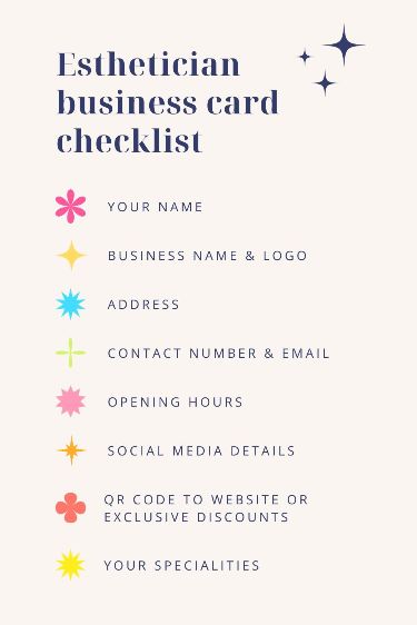 Esthetician business card checklist | Esthetician marketing with Social Skins Esthetician Room Supplies, Esthetician Business Cards, Esthetician Inspiration, Becoming An Esthetician, Spa Skincare, Esthetician Business, Esthetician School, Hair Salon Marketing, Medical Aesthetician