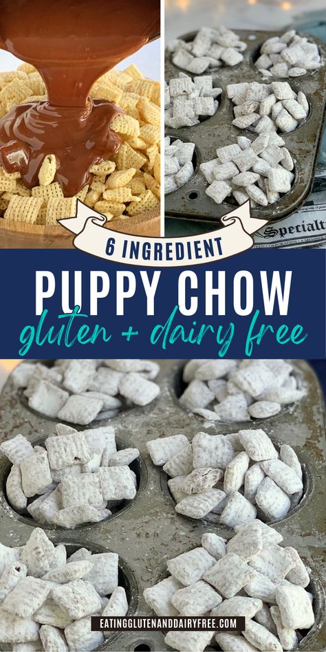 Dairy Free Puppy Chow has never been so easy. This Gluten Free pUppy chow needs 6 ingredients and is the perfect gluten free kids snack idea. Gluten Free Dairy Free Puppy Chow, Puppy Chow Dairy Free, Dairy Free Puppy Chow Recipe, Vegan Puppy Chow Recipe, Gluten Free Puppy Chow Recipes, Vegan Puppy Chow, Gluten Free Treats For Kids, Nut Free Puppy Chow, Dairy Free Puppy Chow