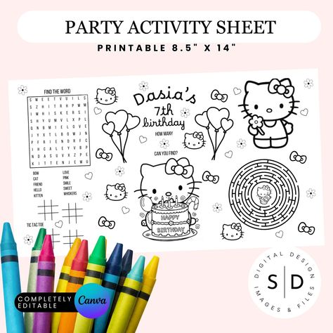 Hello Kitty Activity Sheets are an ideal way to entertain guests at your next themed birthday party. This editable Canva template lets you customize and print, including word search, tic tac toe and seek and find activities. Bring the magic to your party with these fun activities! This design template can be easily edited for print with Canva! Upon purchase, you will immediately receive an email from Etsy with a downloadable PDF file that includes a link to edit your template using Canva. ----------------------------------------------------- TERMS OF USE - Personal Use. You may print the files as many times as you like for your own personal use.- Buyer may not resell, share, trade, give away, or redistribute files in any way (whole or in part) without expressed written permission from Stoc Hello Kitty Birthday Party Activities, Hello Kitty Activity Sheets, Hello Kitty Birthday Games, Hello Kitty And Friends Invitation, Kid Games For Birthday Party, Hello Kitty Party Ideas Decoration, Diy Hello Kitty Birthday Party Ideas, Fun Birthday Party Activities, Birthday Word Search