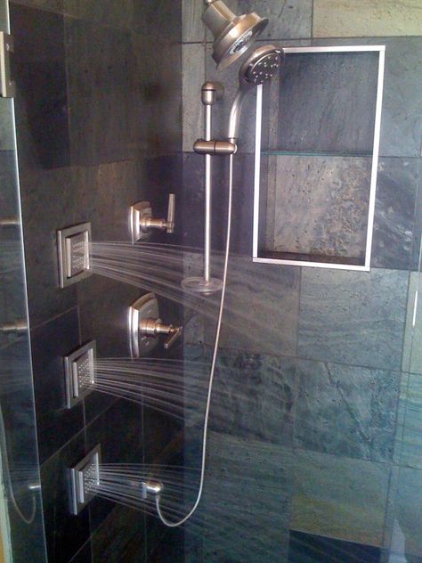 Shower With Multiple Heads, Walk In Shower Remodel, Multiple Shower Heads, Bathroom Improvements, Body Sprays, Beach Bungalows, Custom Shower, Beach Bathrooms, Shower Remodel