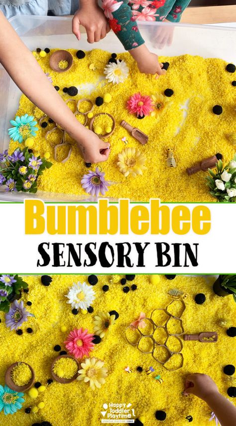 Bumblebee Sensory Bin - Happy Toddler Playtime Bees Sensory Activities, Honey Sensory Bin, Spring Time Activities For Kids, Honeybee Sensory Bin, Insects Sensory Bin, Treasure Hunt Sensory Bin, Bee Sensory Table, Bumblebee Activities For Preschool, Rubber Duck Sensory Bin